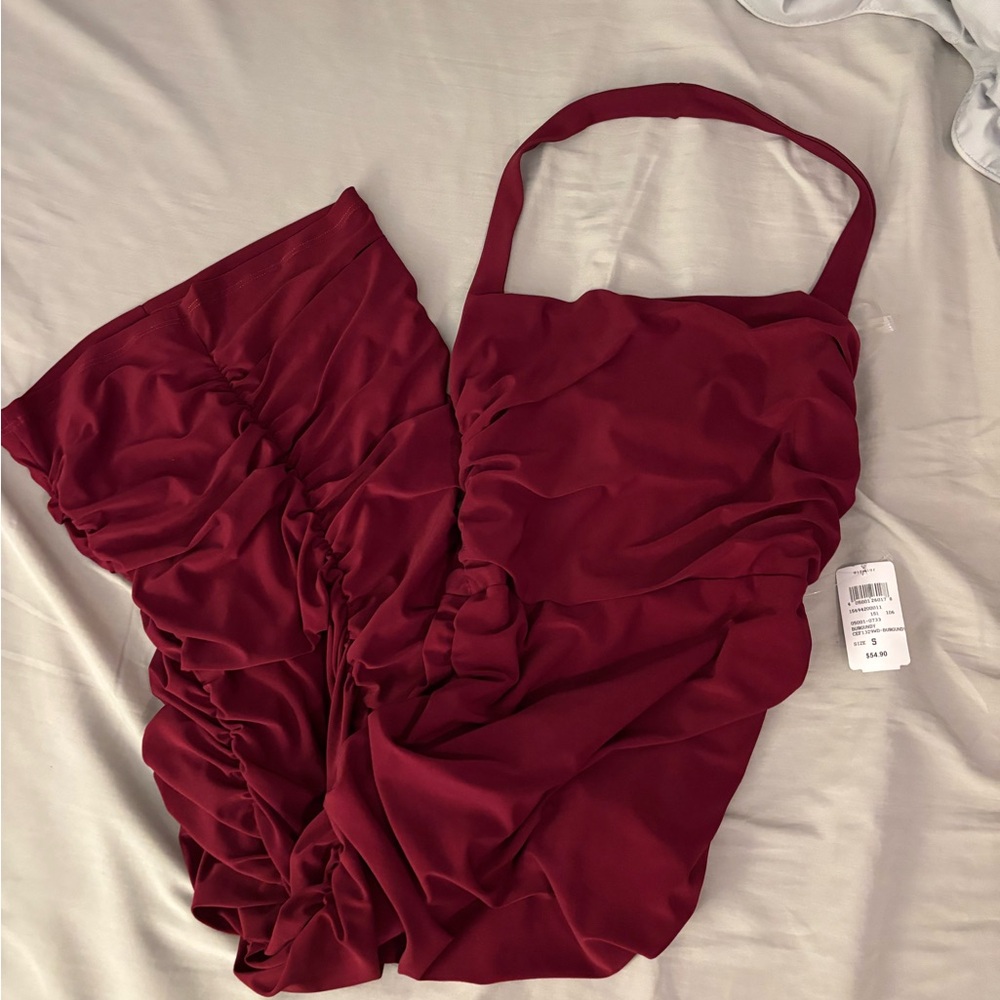 SOLD. Windsor Burgundy Midi Halter Dress - Picture 3 of 6